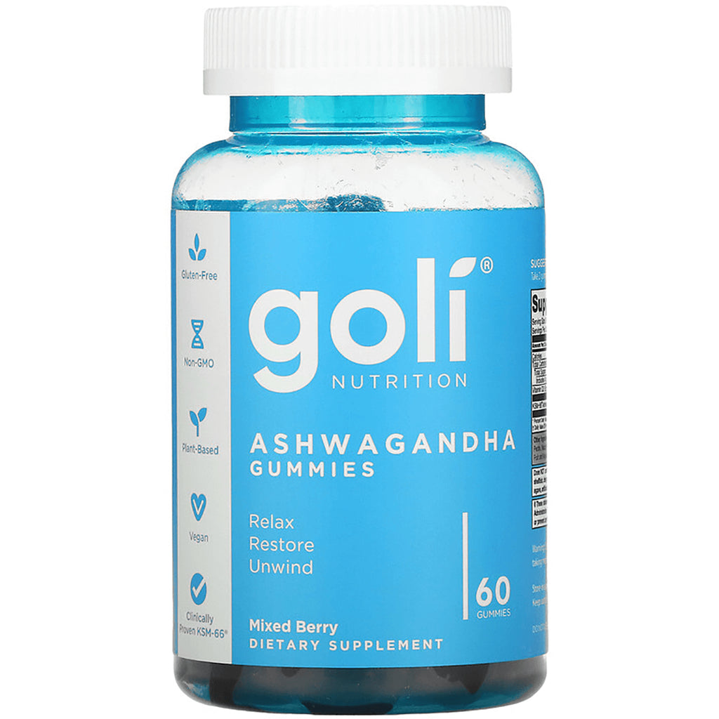 GOL003 | Goli Ashwagandha Gummies bottle, mixed berry flavor, 60 gummies, front label showing Relax Restore Unwind - Thumbnail