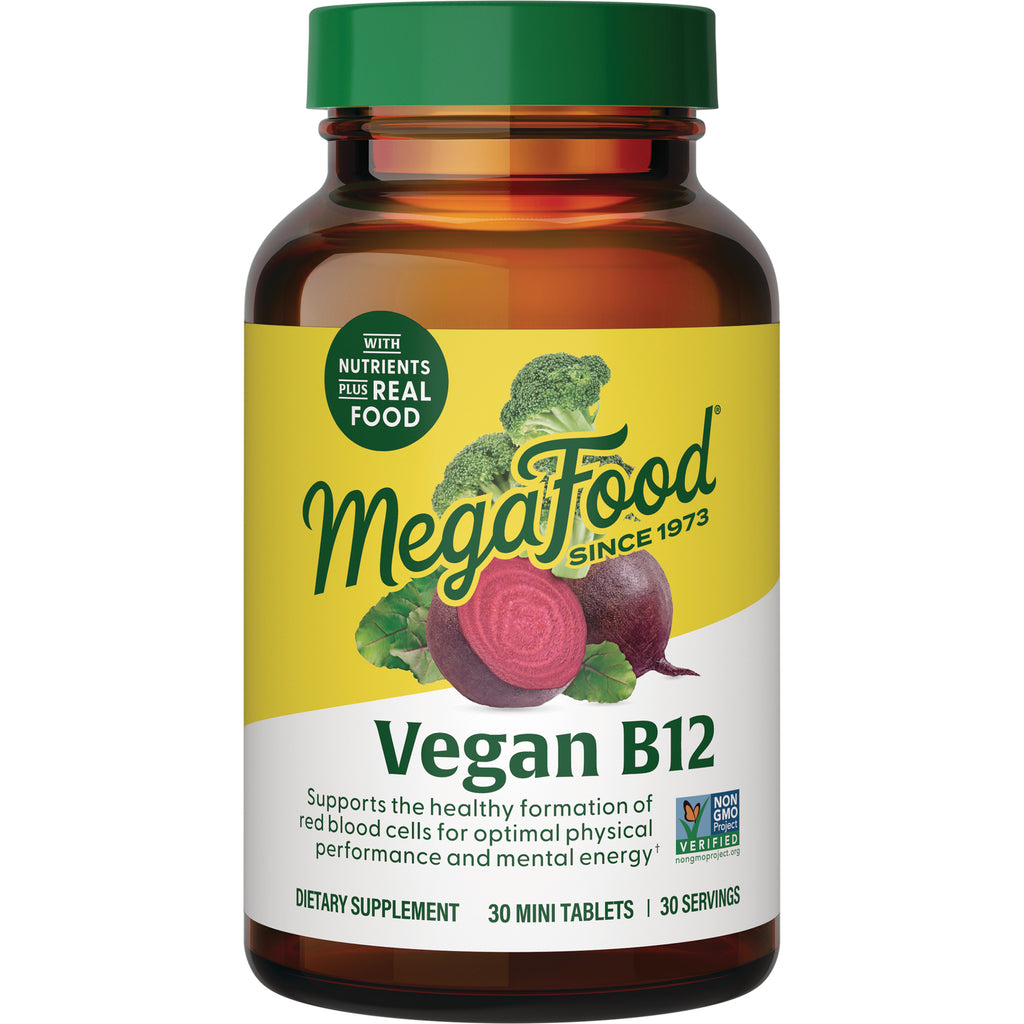 MGF022 | MegaFood Vegan B12 amber bottle front with green cap and beet and broccoli label - Thumbnail
