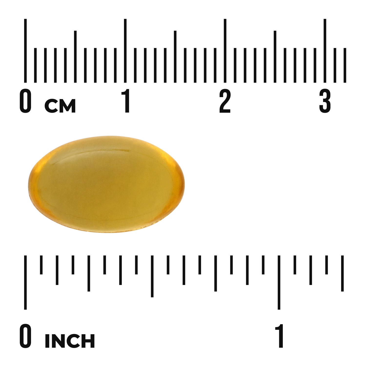 SWE013 | Yellow softgel capsule with size scale: 0-3 cm and 0-1 inch