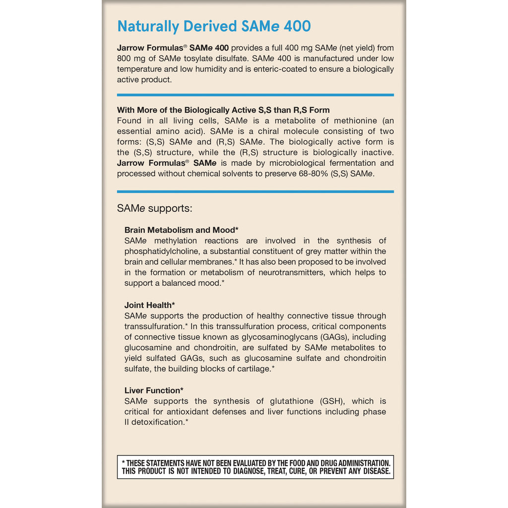 JR350 | Product infographic titled Naturally Derived SAMe 400 listing brain metabolism, joint health, liver function benefits and disclaimer - Thumbnail