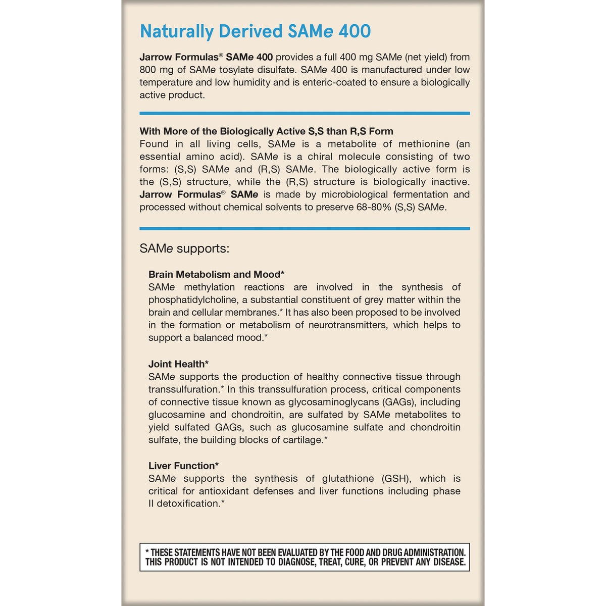 JR350 | Product infographic titled Naturally Derived SAMe 400 listing brain metabolism, joint health, liver function benefits and disclaimer