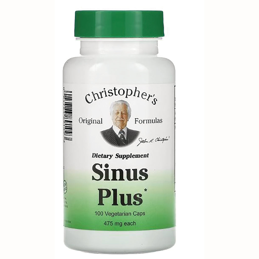 DCR052 | White bottle of Christopher's Sinus Plus dietary supplement, 100 vegetarian caps, 475 mg, green cap - Thumbnail
