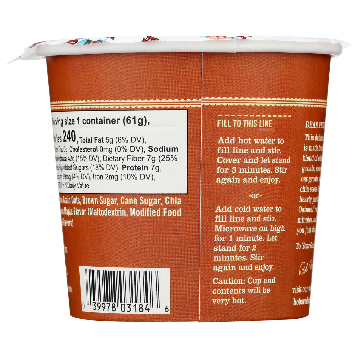 BOB227 | back of brown instant oatmeal cup showing nutrition facts, preparation instructions and barcode