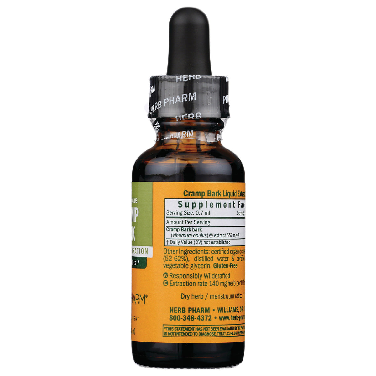 HPH103 | back of amber dropper bottle showing Supplement Facts and other ingredients for Cramp Bark liquid extract