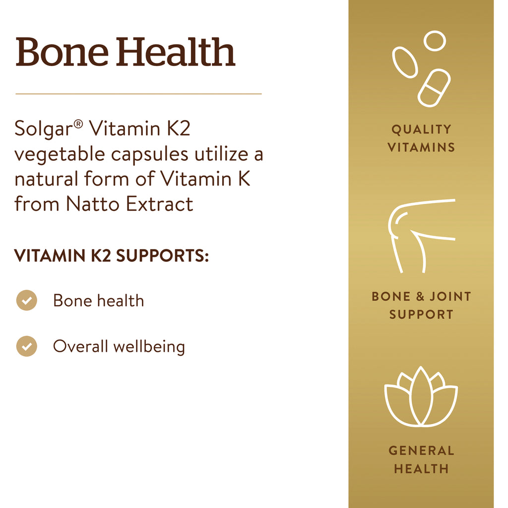 SLG334 | Back panel of Solgar Vitamin K2 showing Bone Health heading, benefits bone health and overall wellbeing with gold icons - Thumbnail
