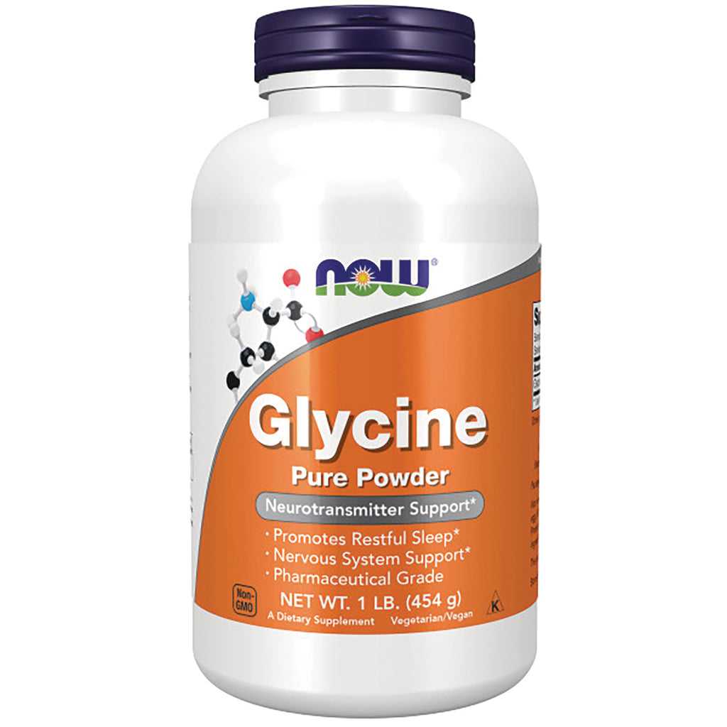 NWF195 | NOW Glycine Pure Powder supplement bottle, 1 lb (454 g) with orange label - Thumbnail