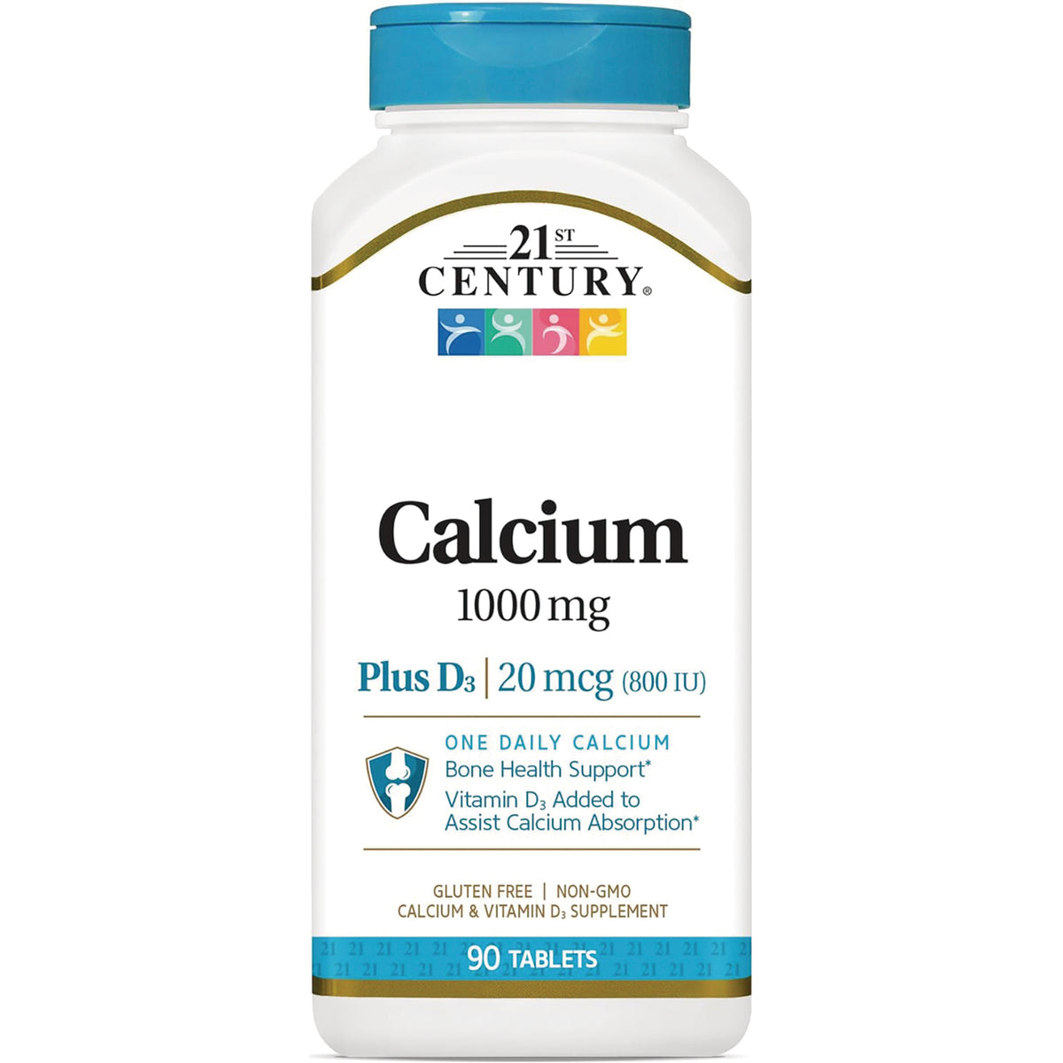 CNT021 | 21st Century Calcium 1000 mg plus D3 20 mcg bottle, 90 tablets front label