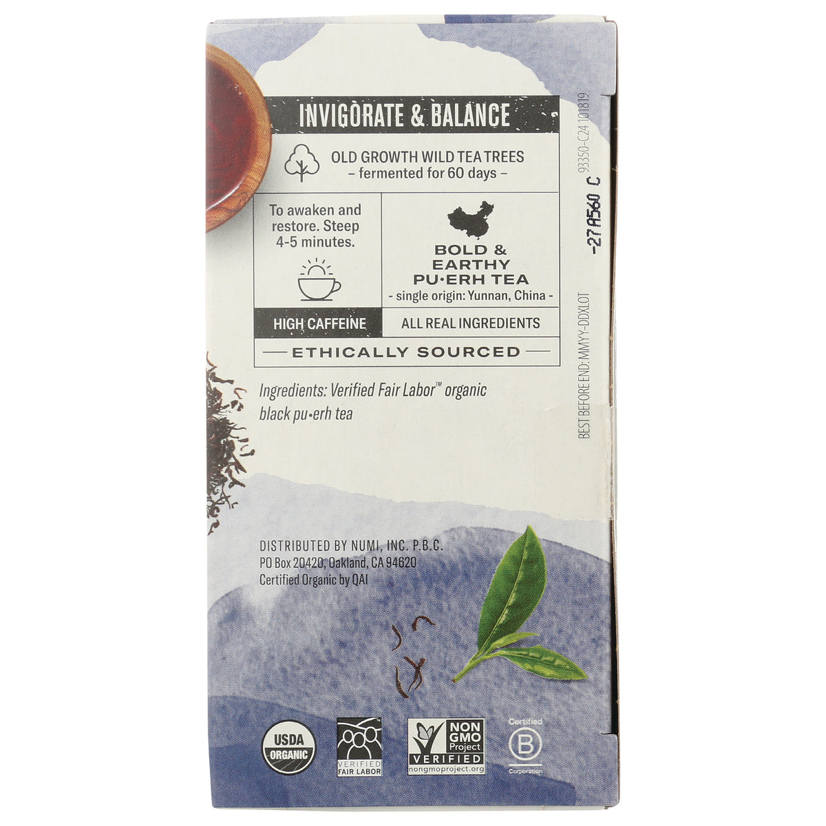 NUM007 | back of tea box labeled BOLD & EARTHY PU-ERH TEA with ingredients, brewing instructions and certification logos