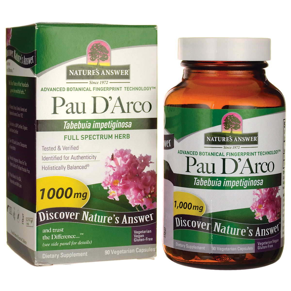 NAT120 | Pau D'Arco supplement box and amber bottle labeled Pau D'Arco Tabebuia impetiginosa 1000 mg Discover Nature's Answer