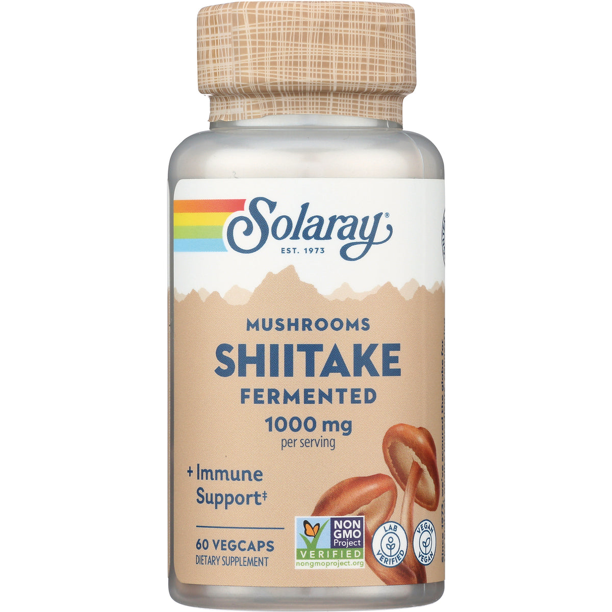 SLR466 | Solaray Shiitake fermented 1000 mg bottle label with brand logo, mushroom illustration and Non-GMO and vegan badges