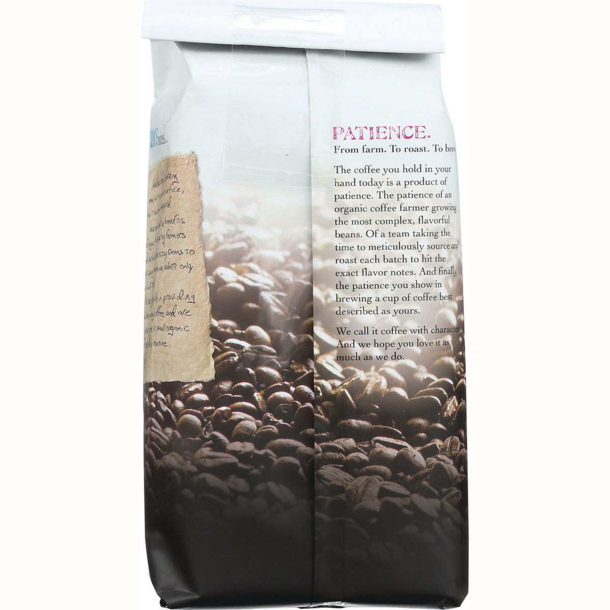 JOC010 | Back of coffee bag showing roasted beans and a PATIENCE panel with brewing story and product text