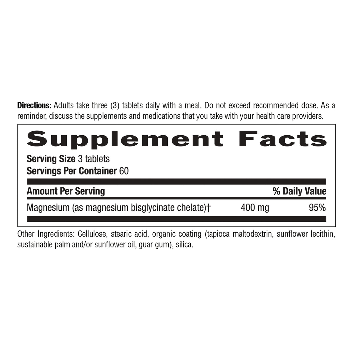 CRL649 | Back label showing Supplement Facts: Serving Size 3 tablets, Servings Per Container 60, Magnesium 400 mg, other ingredients