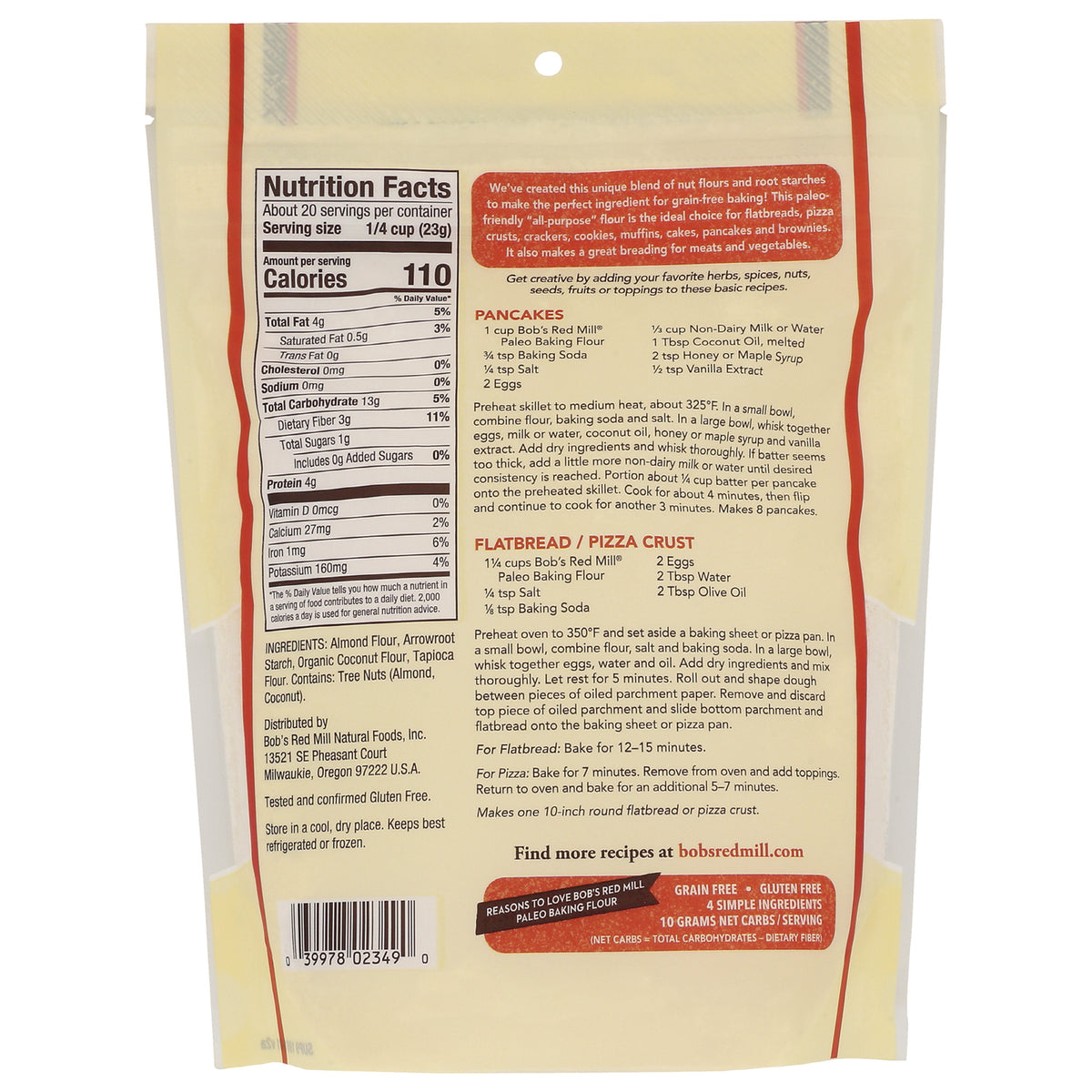 BOB321 | Back of pale yellow resealable package showing Nutrition Facts panel, ingredients, recipes, and barcode