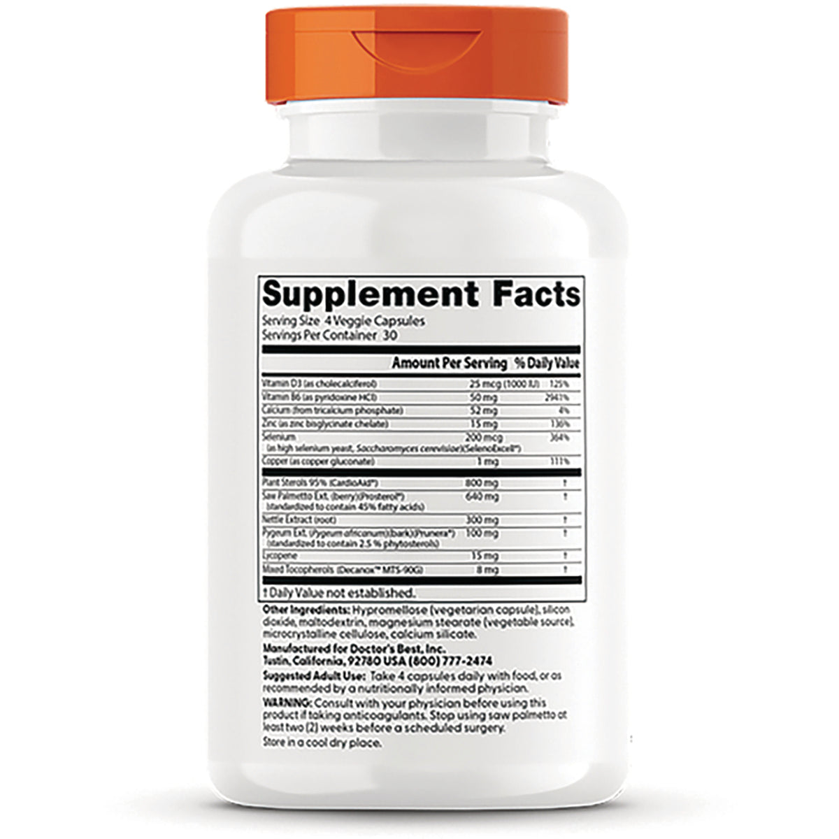 DB168 | back label showing Supplement Facts panel and ingredient list on white bottle with orange cap