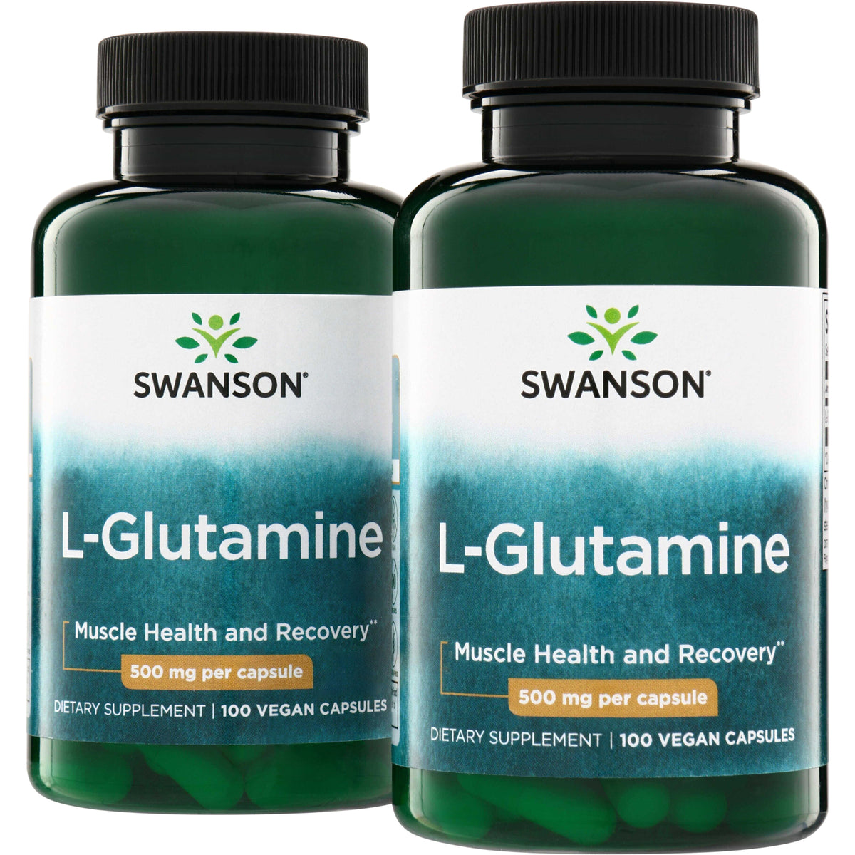 SW934 | Two Swanson L-Glutamine supplement bottles with green lids, label shows L-Glutamine 500 mg per capsule, 100 vegan capsules