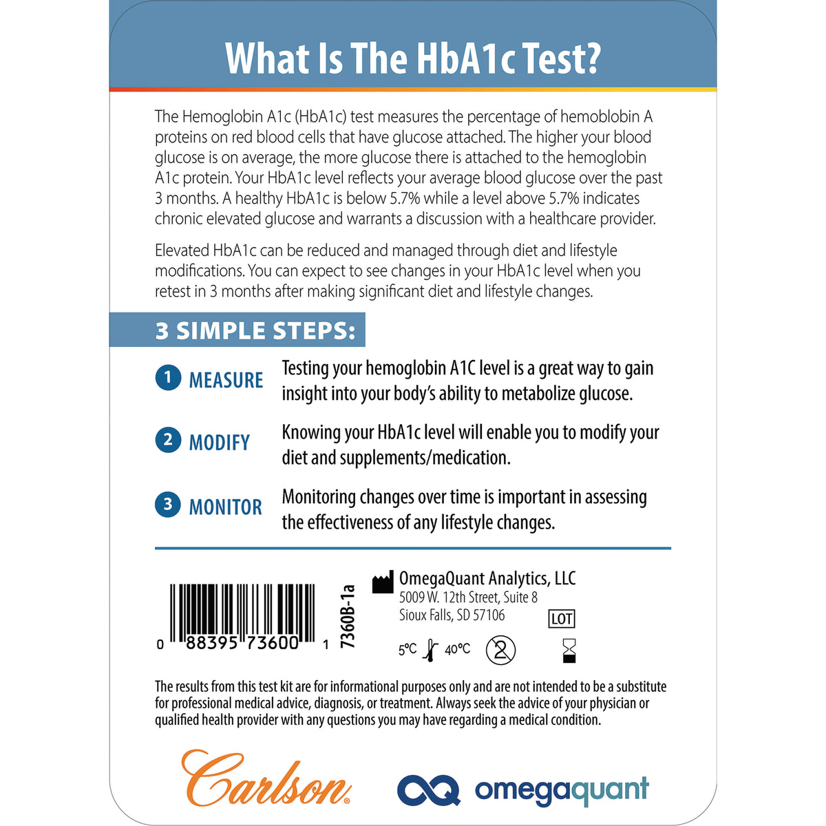 CSN335 | Back panel explaining What Is The HbA1c Test with 3 simple steps: Measure, Modify, Monitor, barcode and OmegaQuant and Carlson logos