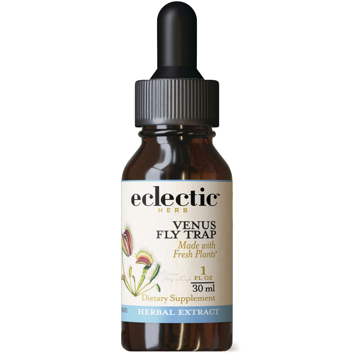 EC041 | brown glass dropper bottle labeled eclectic HERB Venus Fly Trap 1 fl oz herbal extract dietary supplement