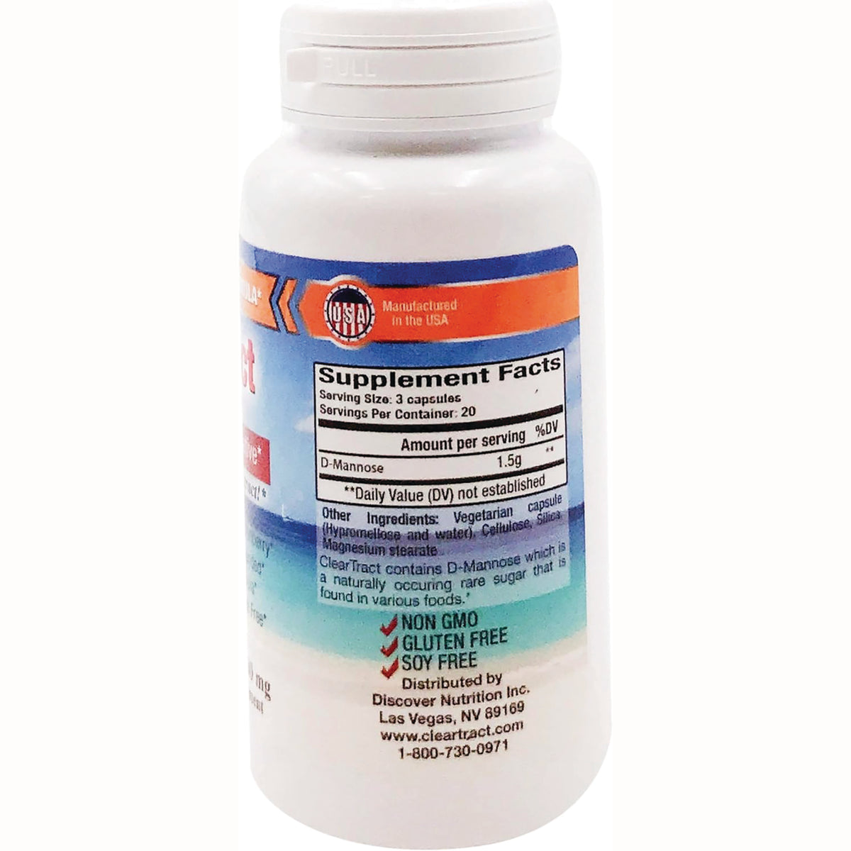 CLE001 | Back label showing Supplement Facts for D-Mannose 1.5g per serving and non GMO, gluten free, soy free