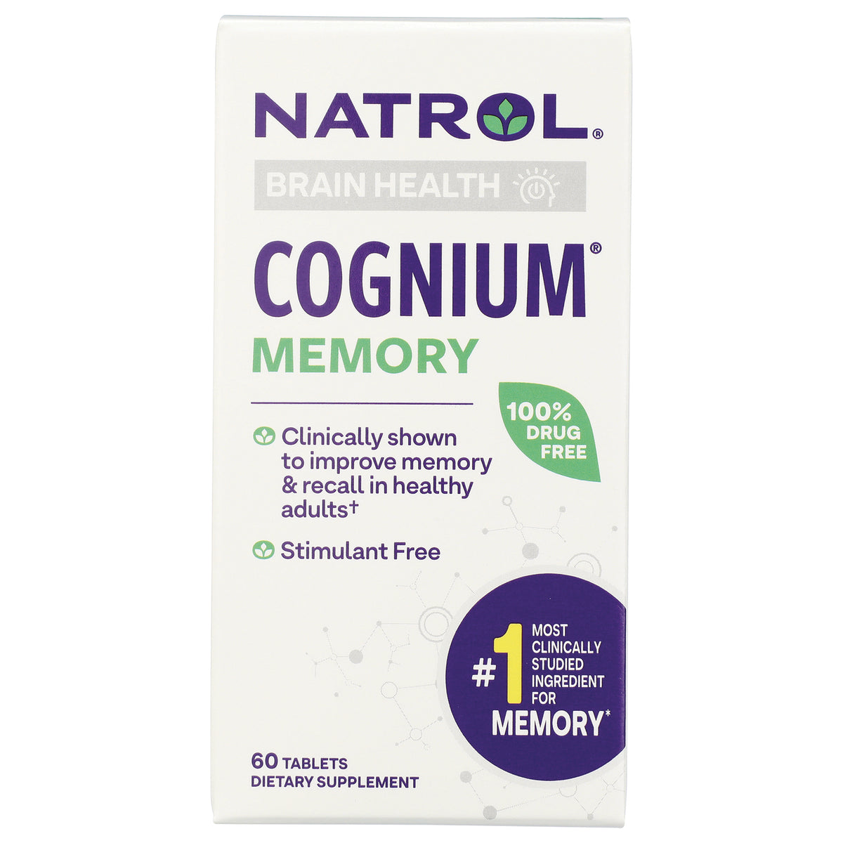 NA606 | Natrol Cognium Memory supplement box front showing product name, 60 tablets, 100% drug free