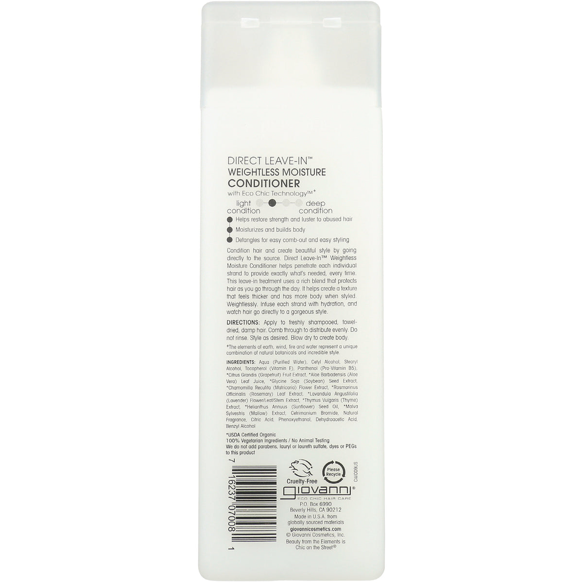GV011 | Back label of white Giovanni Direct Leave-In Weightless Moisture Conditioner bottle showing ingredients, directions, and barcode