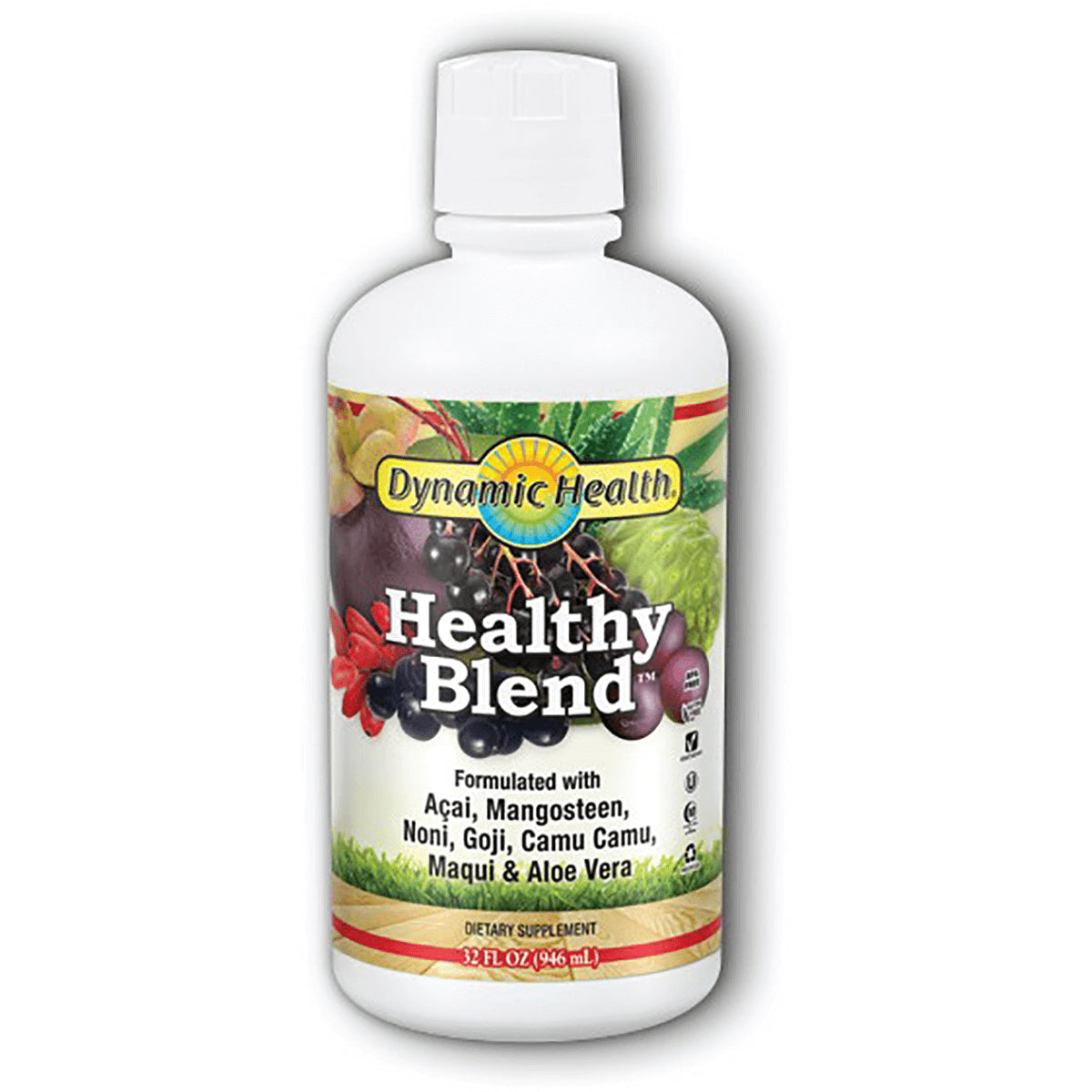 DYH041 | White 32 fl oz bottle of Healthy Blend dietary supplement with Dynamic Health logo and fruit illustrations