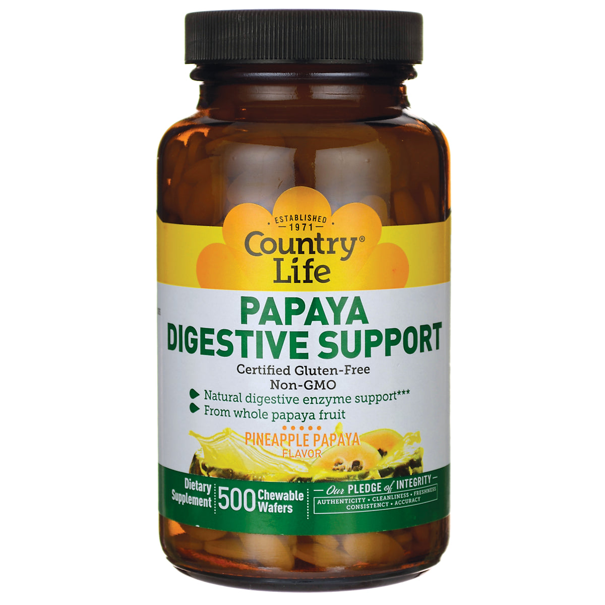 CRL614 | Country Life Papaya Digestive Support bottle front label, pineapple papaya chewable wafers supplement