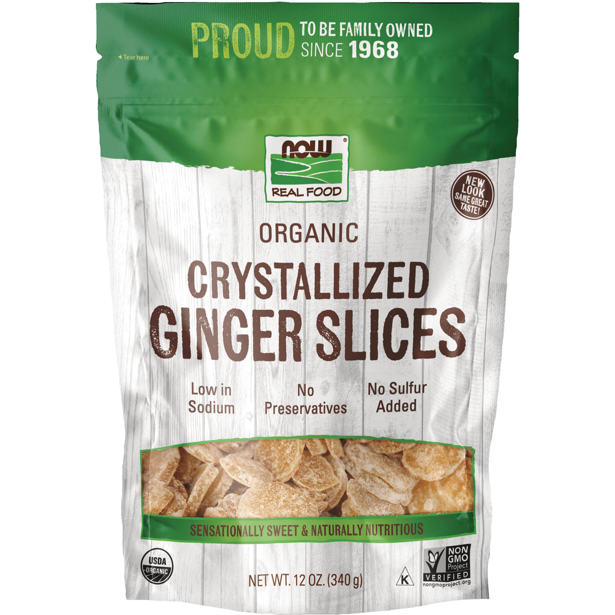 NWF1130 | Front pouch of NOW Real Food Organic Crystallized Ginger Slices with clear window showing sugared ginger