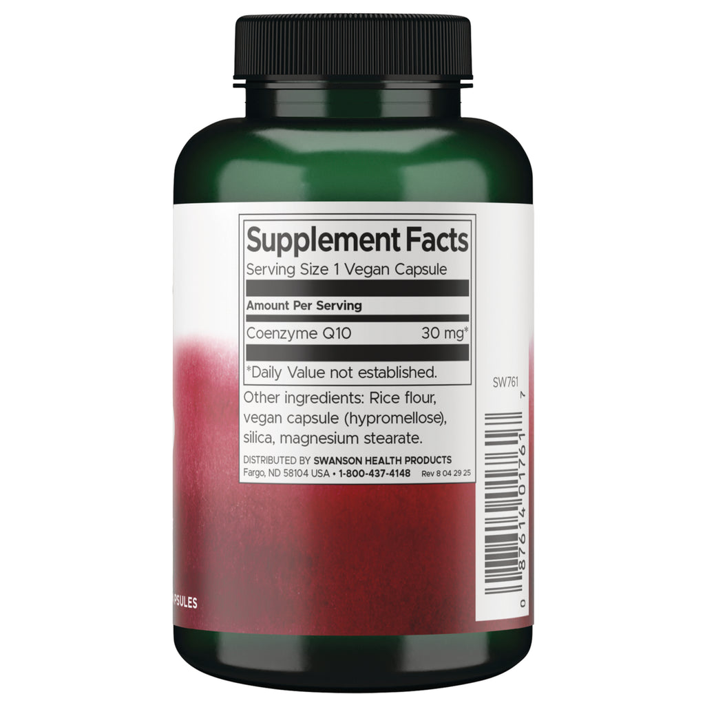 SW761 | Supplement Facts panel for Coenzyme Q10 30 mg, serving size 1 vegan capsule, with ingredients and barcode - Thumbnail