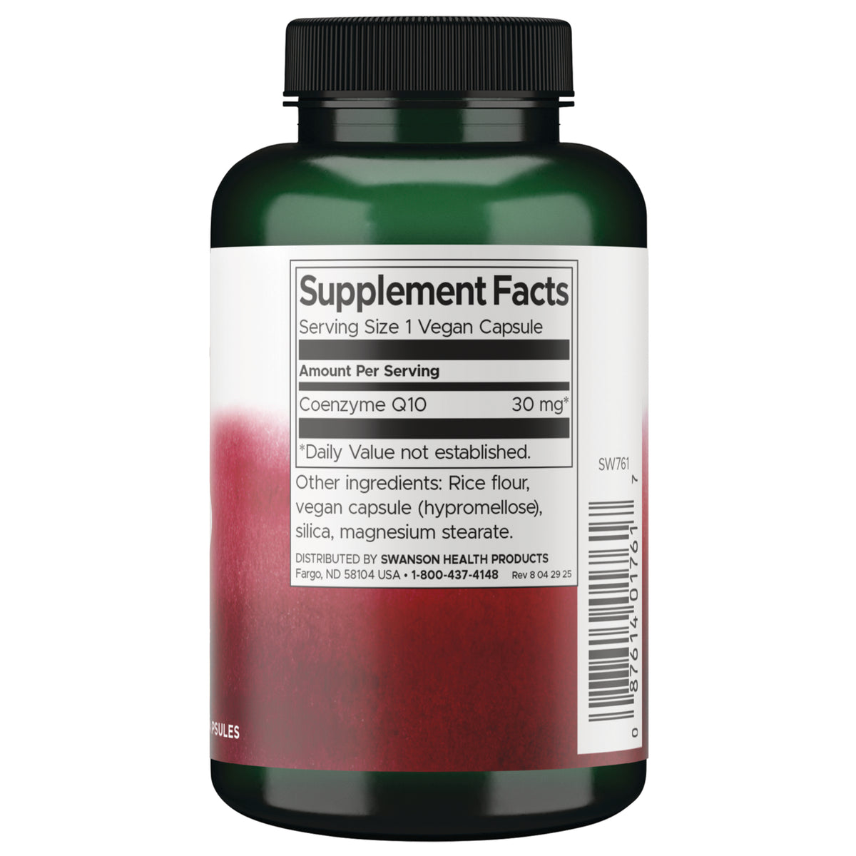 SW761 | Supplement Facts panel for Coenzyme Q10 30 mg, serving size 1 vegan capsule, with ingredients and barcode