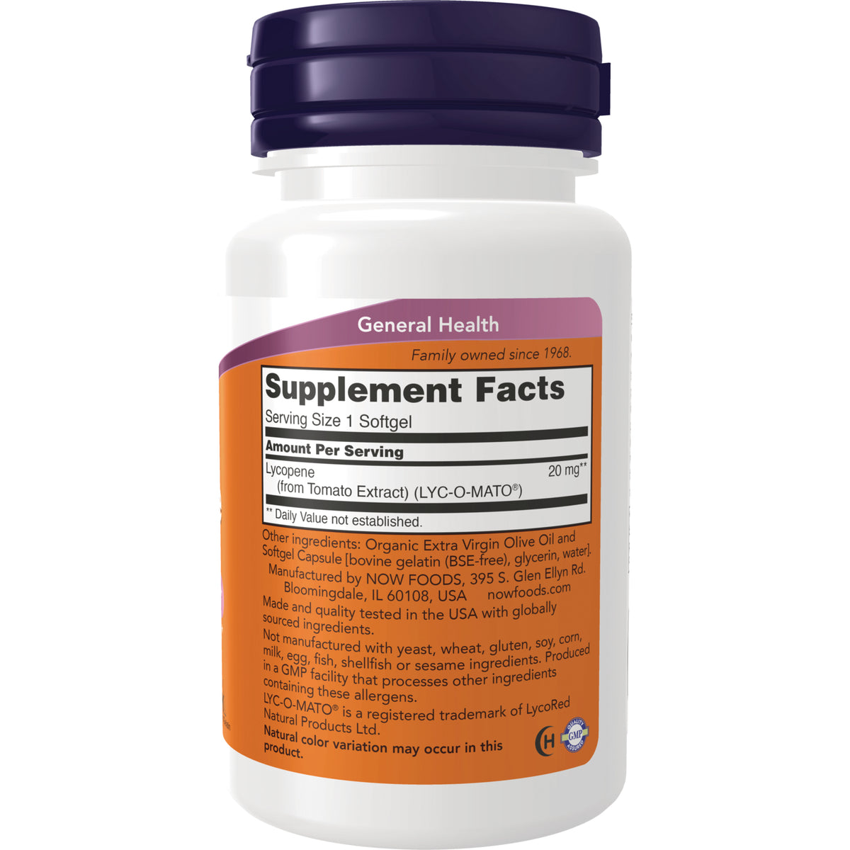 NWF619 | Back of white supplement bottle showing Supplement Facts label with Lycopene 20 mg and ingredient text