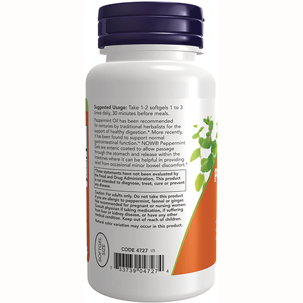 NWF564 | Back of white supplement bottle showing directions, warnings, barcode and peppermint leaf graphic - Thumbnail