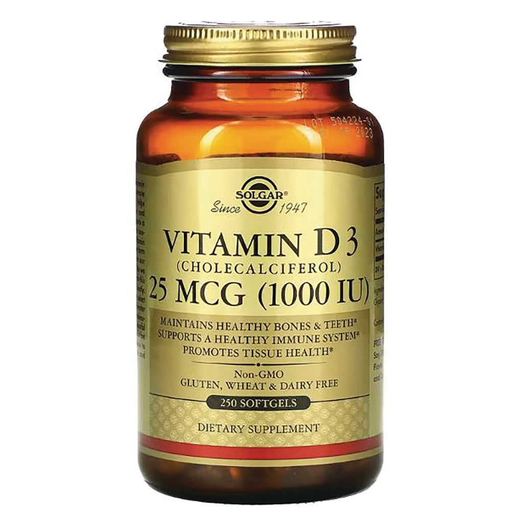SLG246 | Solgar Vitamin D3 25 MCG (1000 IU) amber bottle label 250 softgels dietary supplement - Thumbnail