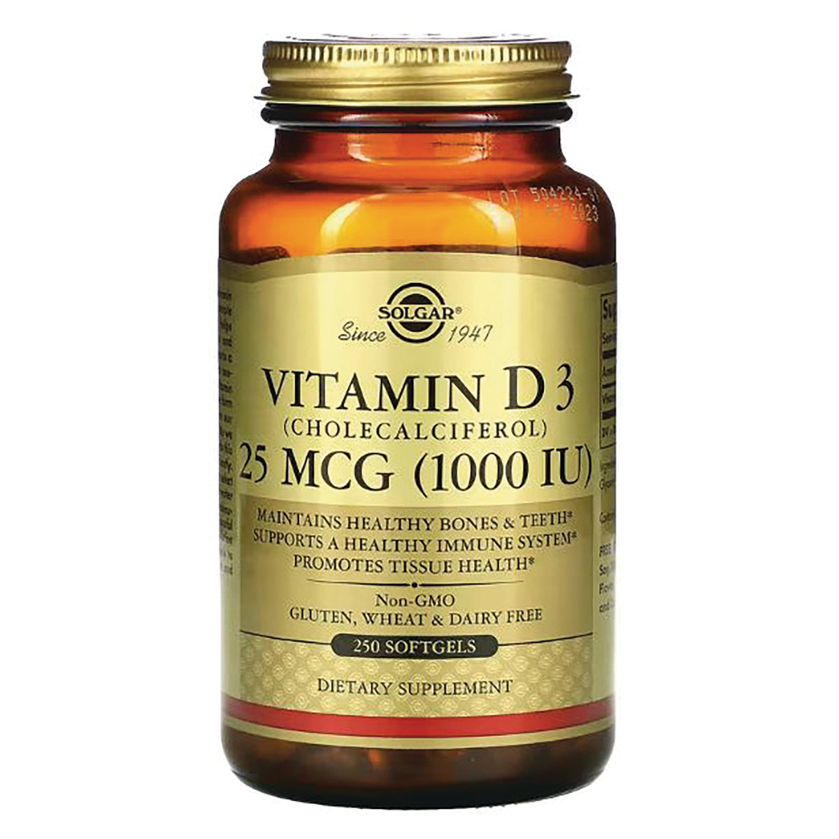 SLG246 | Solgar Vitamin D3 25 MCG (1000 IU) amber bottle label 250 softgels dietary supplement