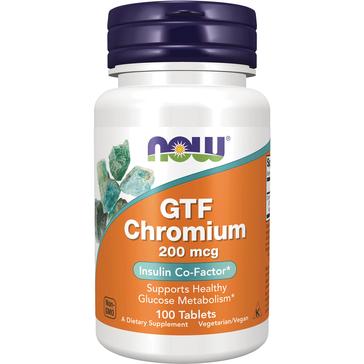 NWF824 | White bottle of NOW GTF Chromium 200 mcg supplement, 100 tablets, orange label