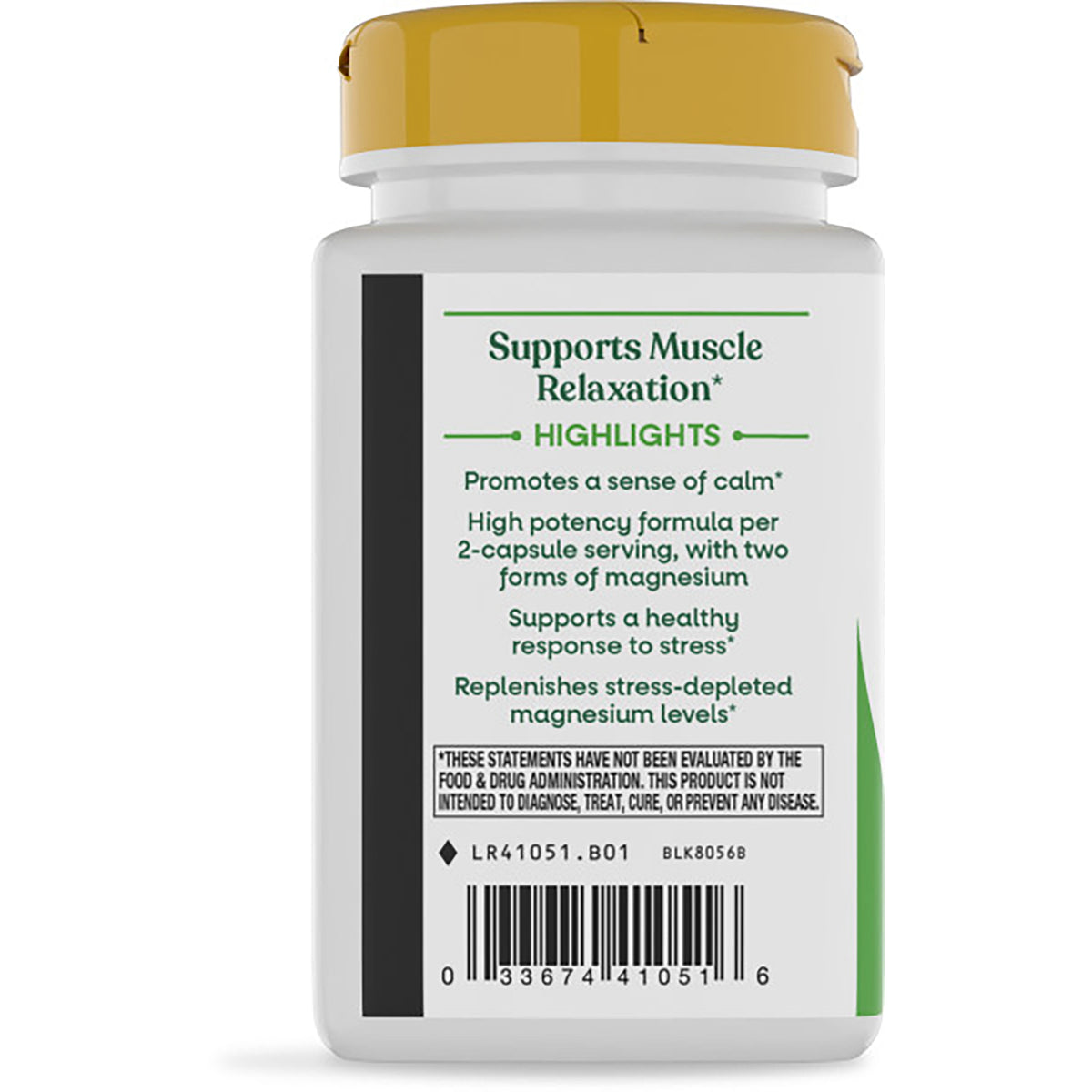 NW360 | Back label of supplement bottle with yellow cap reading 'Supports Muscle Relaxation' and barcode