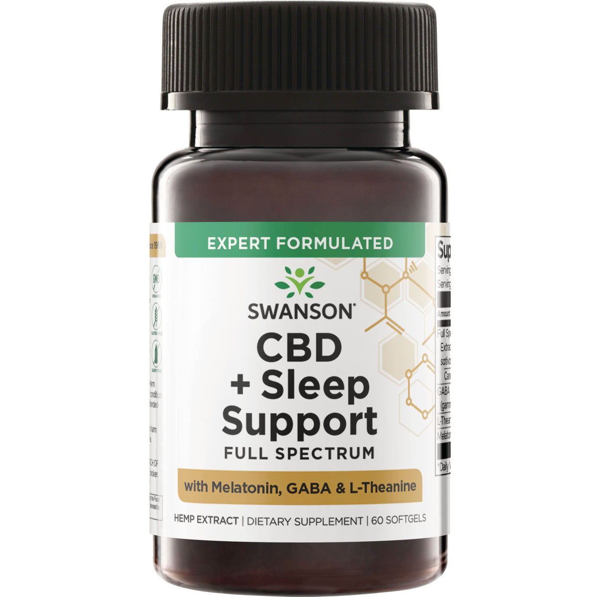 SWU1085 | Front of bottle: Swanson CBD + Sleep Support Full Spectrum with Melatonin, GABA & L-Theanine, 60 softgels