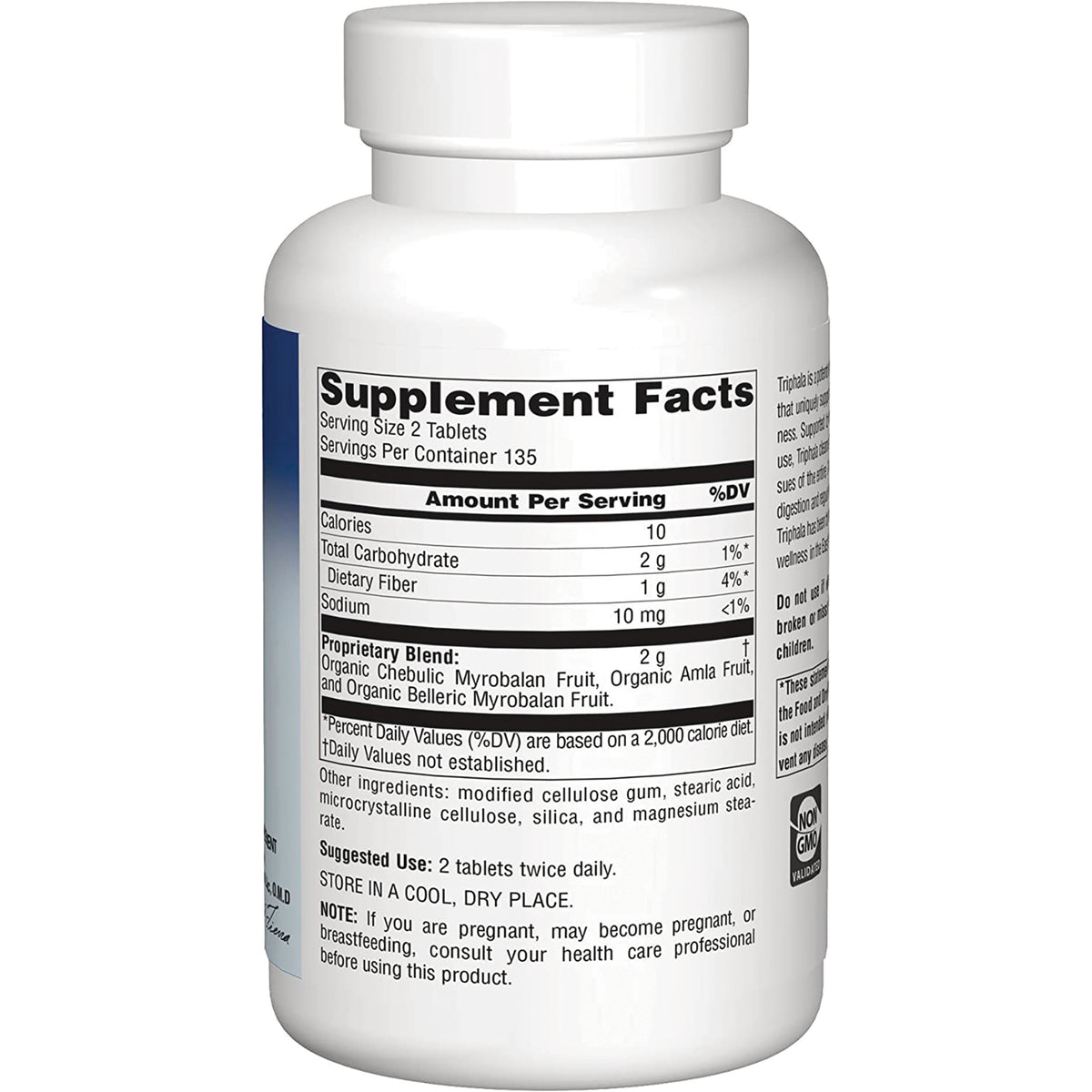 PF222 | Back of white supplement bottle showing Supplement Facts panel with serving size, nutrients, and ingredient list