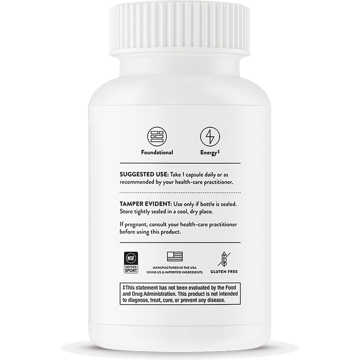 TRN013 | Back label of white supplement bottle with directions and icons; 'Suggested Use: Take 1 capsule daily'