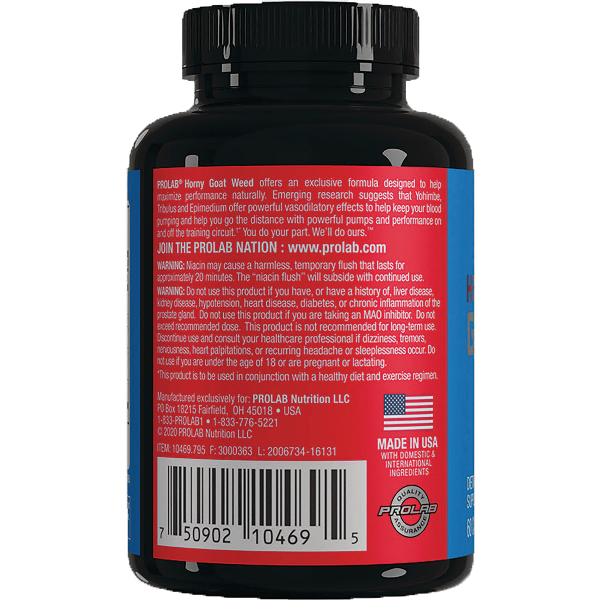 PRL035 | Back label of supplement bottle showing warnings text, barcode, and Made in USA flag