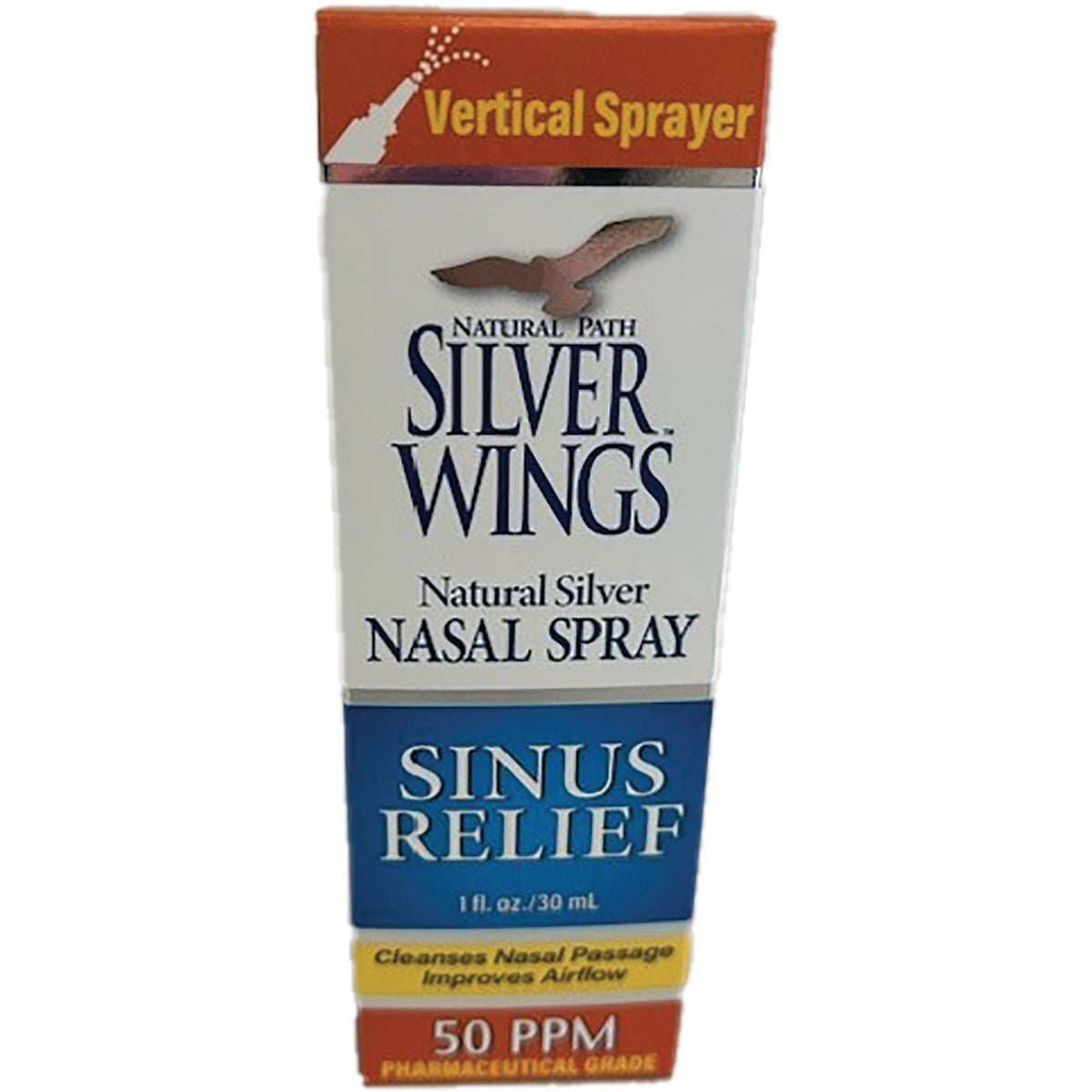 NPS007 | Silver Wings Natural Silver nasal spray box labeled Sinus Relief 1 fl oz 30 mL 50 PPM