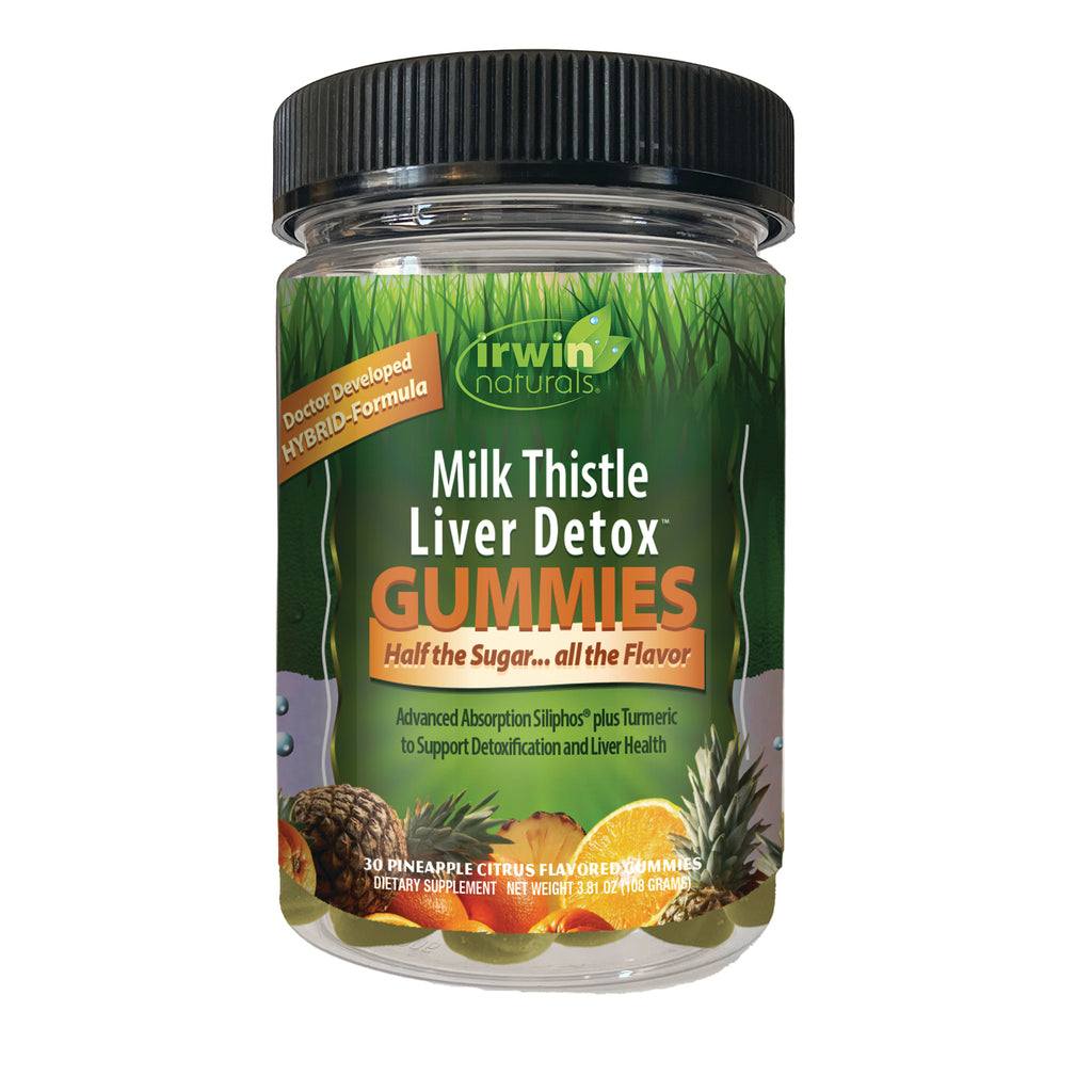 IR308 | Irwin Naturals Milk Thistle Liver Detox gummies jar with pineapple citrus flavor, front label visible - Thumbnail