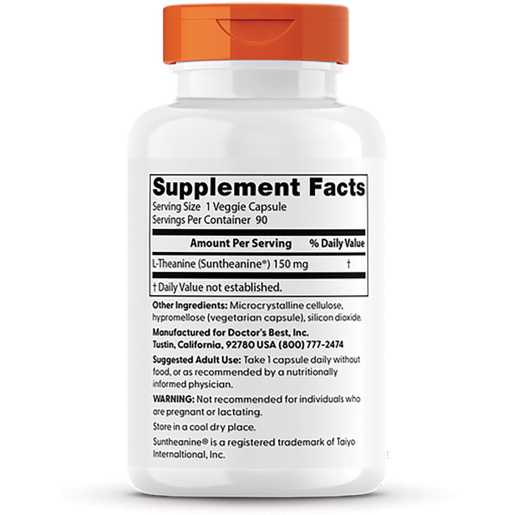 DB118 | Back label of white supplement bottle showing Supplement Facts, serving size 1 veggie capsule and L-Theanine 150 mg - Thumbnail
