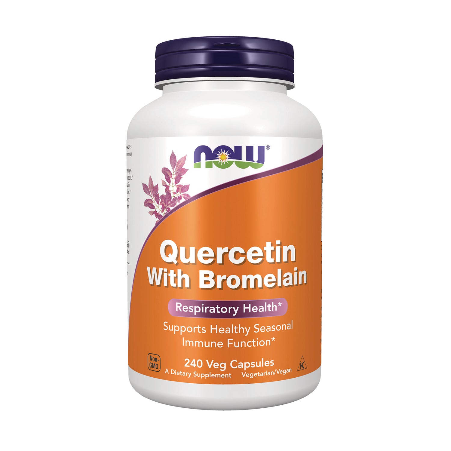 NWF907 | NOW Quercetin with Bromelain supplement bottle, 240 veg capsules, orange label and purple cap