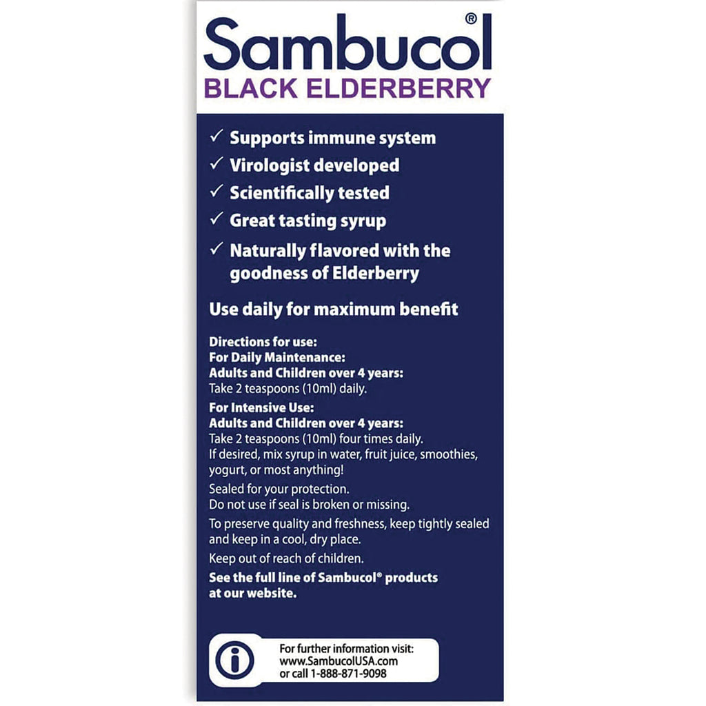 SMB002 | Sambucol Black Elderberry back panel with benefits and directions for use - Thumbnail