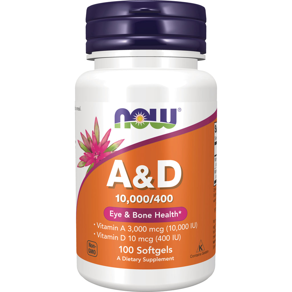 NWF587 | NOW A&D 10,000/400 softgel bottle labeled Eye & Bone Health, 100 softgels - Thumbnail