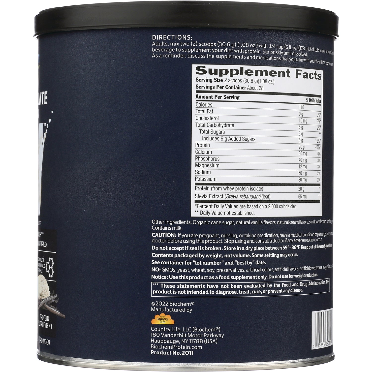 CRL328 | Back of navy supplement can showing Supplement Facts panel, directions, ingredients and barcode