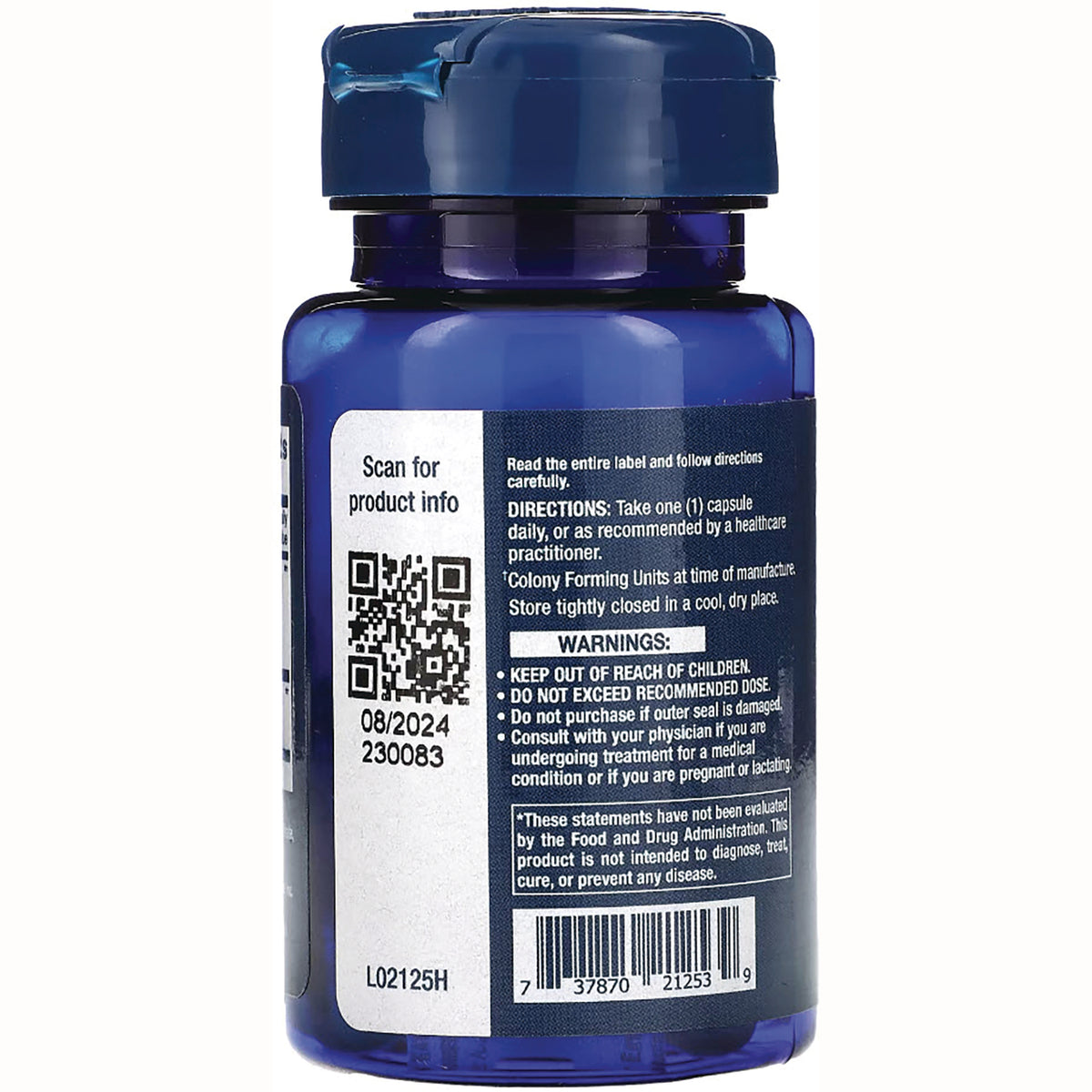 LE454 | back label of blue supplement bottle showing directions, warnings, QR code and barcode