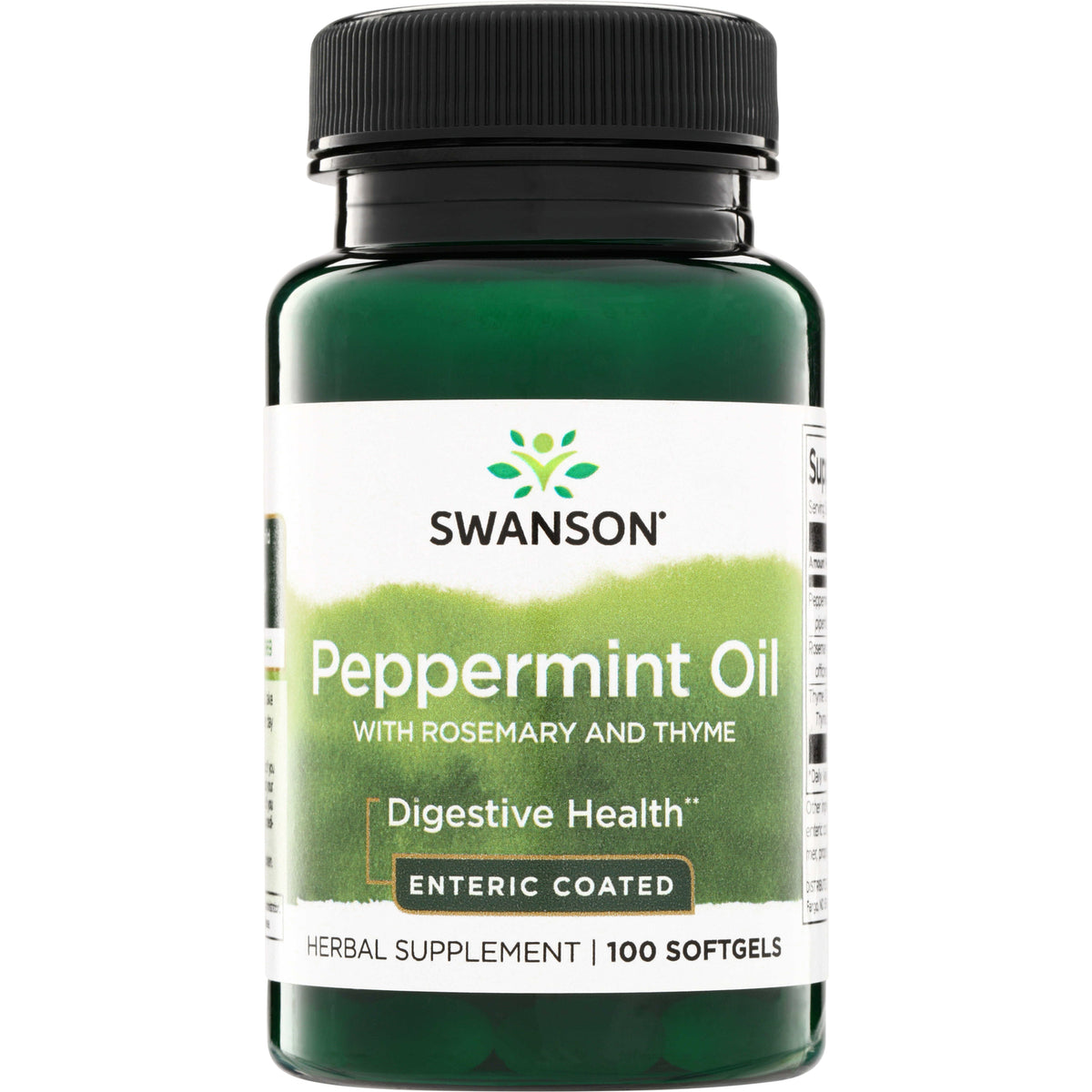 SW985 | Swanson Peppermint Oil with Rosemary and Thyme, Digestive Health, enteric coated, 100 softgels bottle front