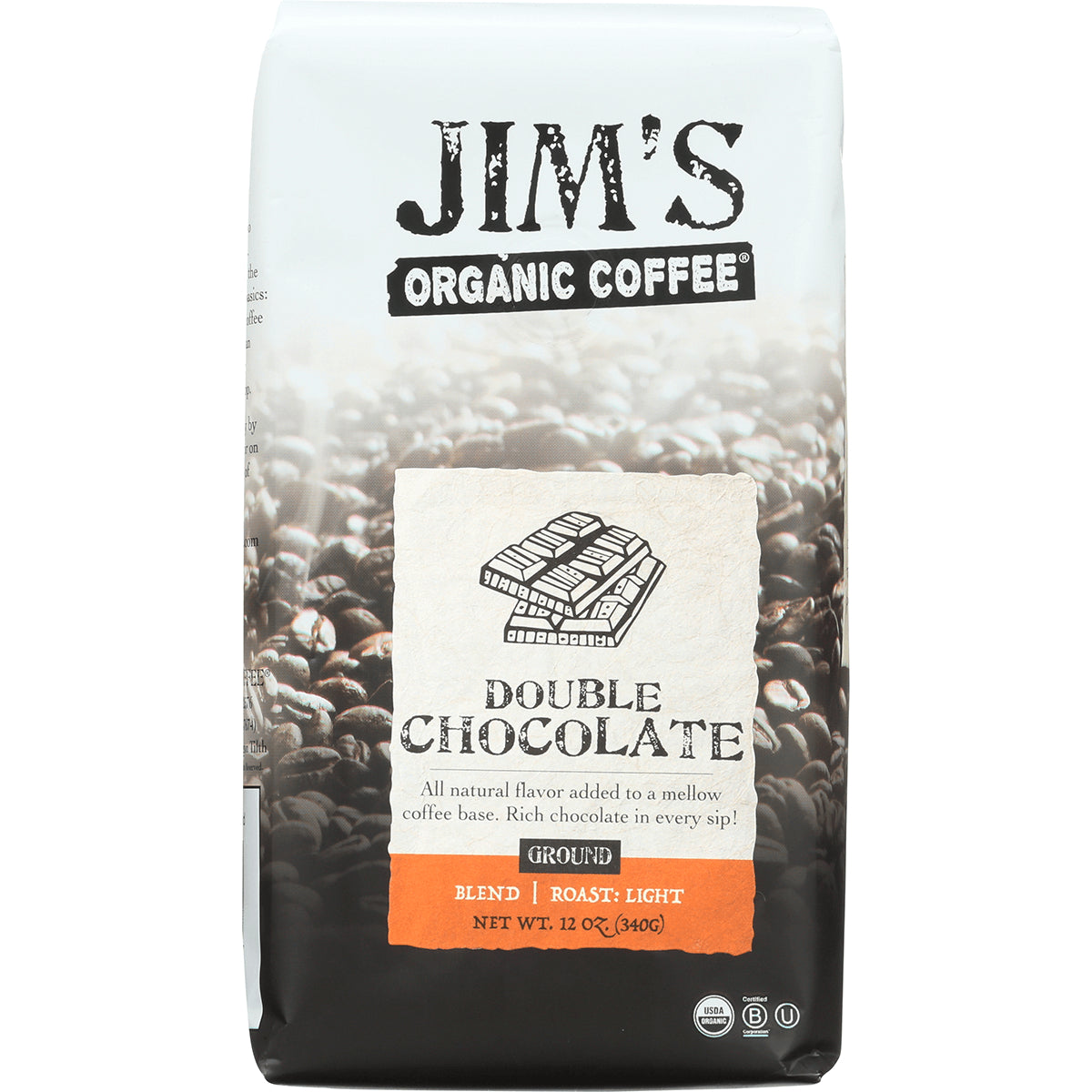 JOC011 | Jim's Organic Coffee Double Chocolate ground coffee bag, 12 oz front