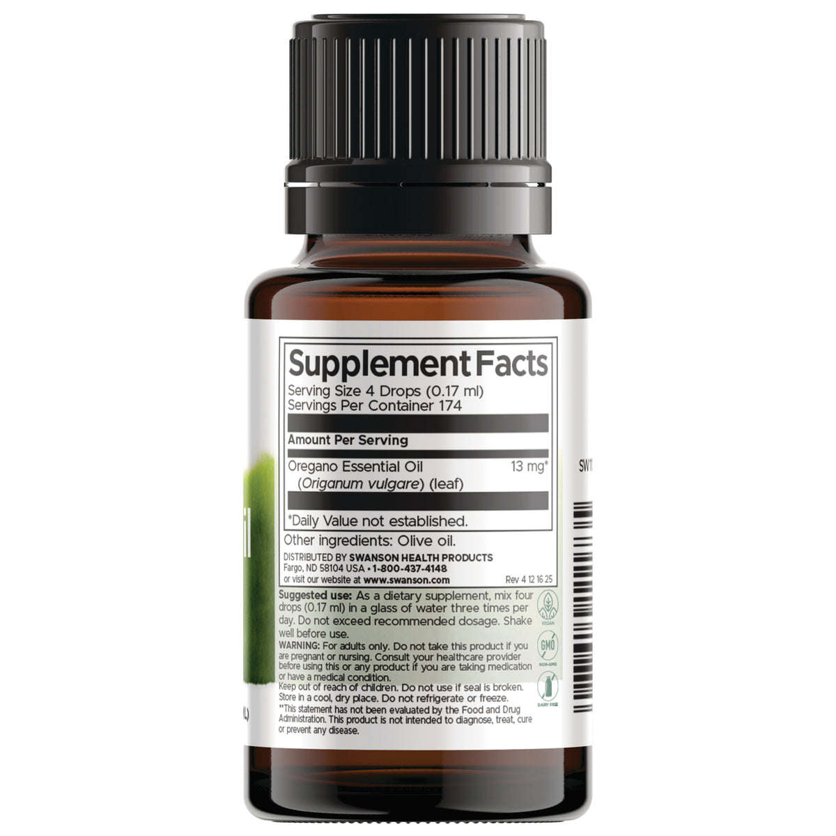 SW1173 | Supplement Facts panel for oregano essential oil